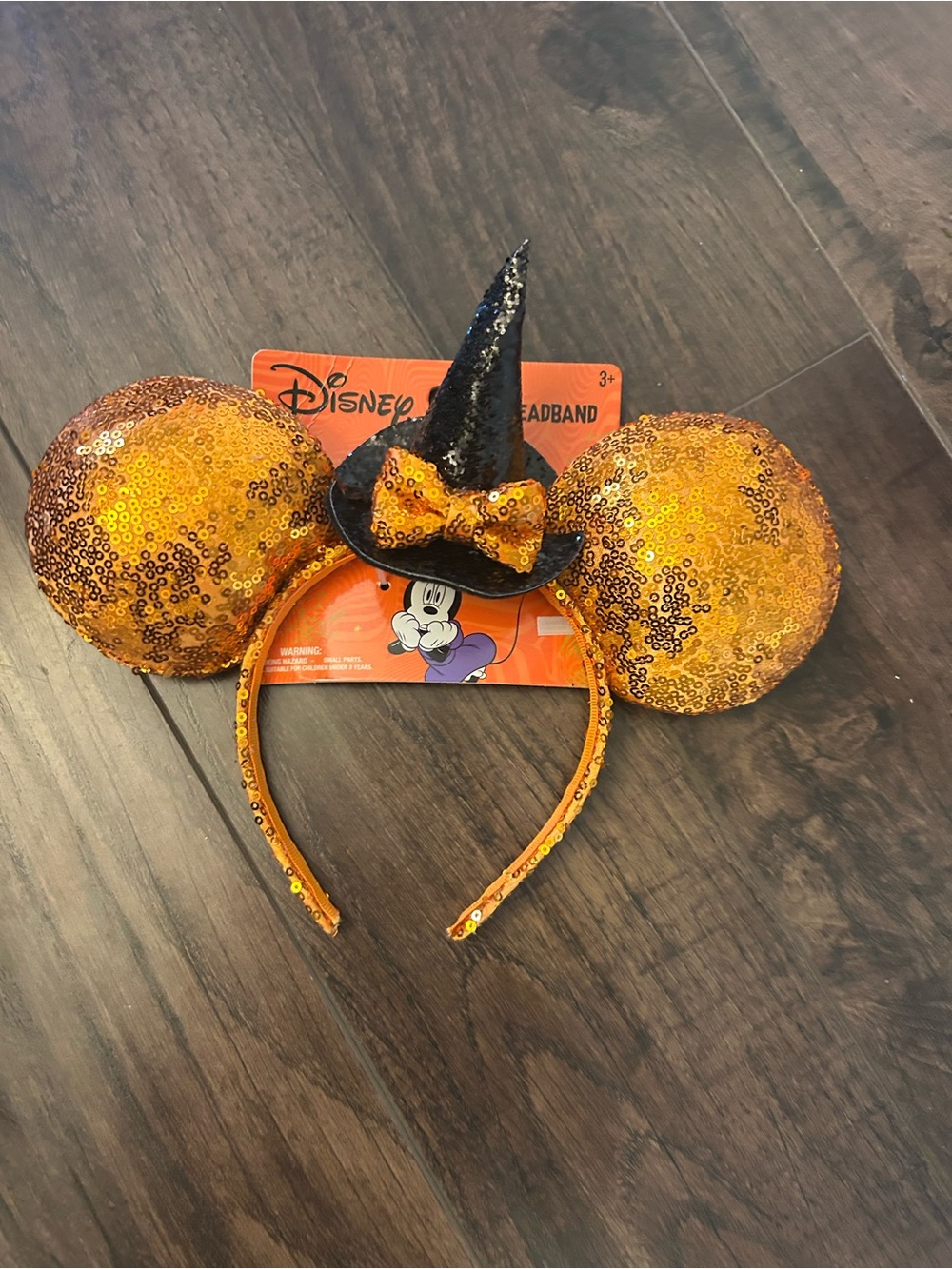 Disney Orange Sequin Minnie Witch Ear Headband with Black Hat
